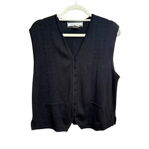 Crystal Kobe Black Cable Knit V-Neck Sleeveless Button Front Vest Women's L